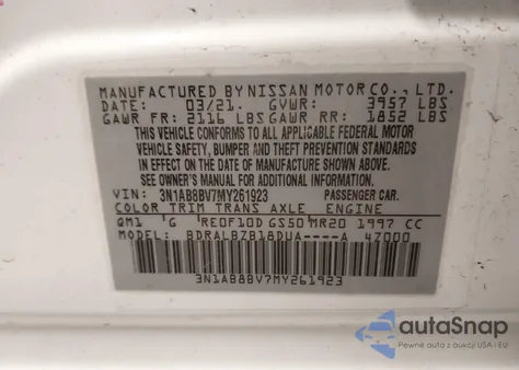 2021 Nissan Sentra S Xtronic Cvt z USA, uszkodzony, nr VIN 3N1AB8BV7MY261923